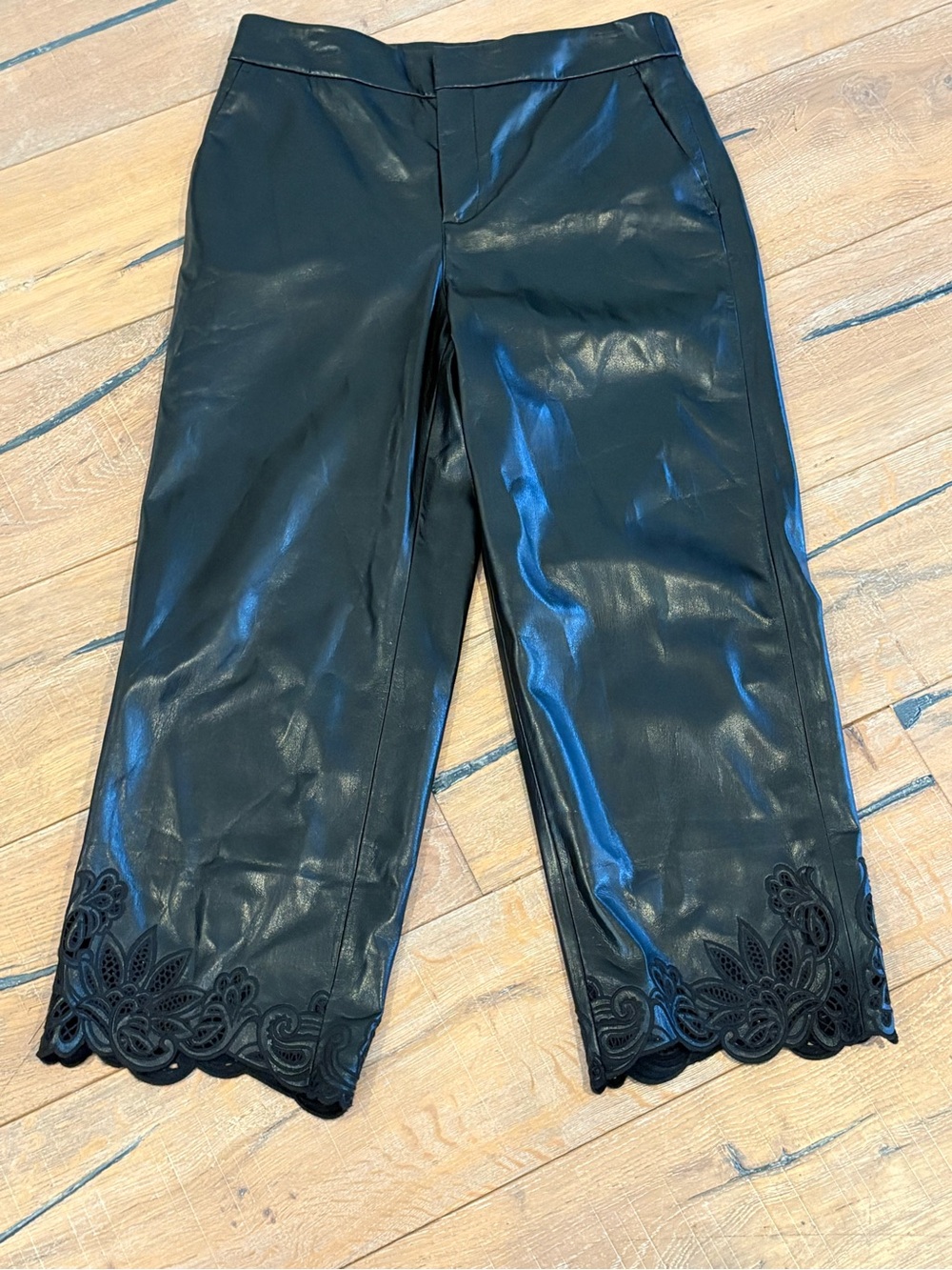 Chico's Black Faux Leather Cropped Pants with Scalloped Lace Trim